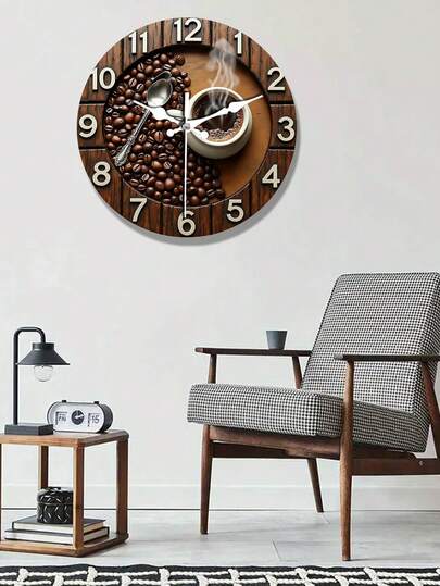 2D Flat Coffee Cup Beans Wooden Silent Wand Klok Moderne Home Living Room, Bedroom, Kitchen, Office Battery Operated (AA Not Included) Mother's Day view 2
