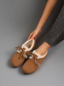 أحذية لوفر مبطنة حرارياً بأصابع مستديرة للنساء، أحذية مسطحة ناعمة ومريحة بأربطة، مناسبة للارتداء اليومي في فصلي الخريف والشتاء - بني فاتح - مشاهدة 6