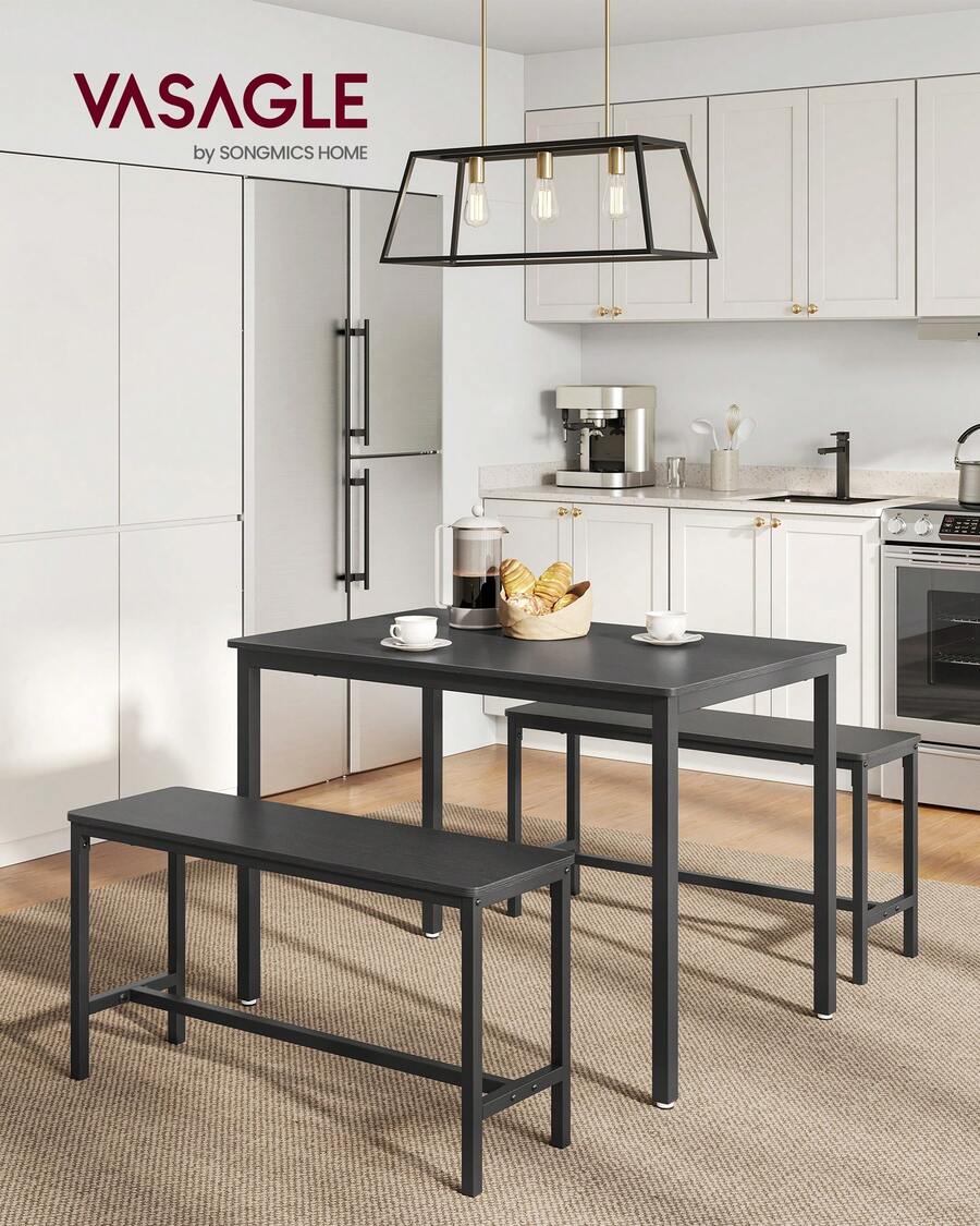 Esstisch mit 2 Bänken, 3er-Set, Küchentisch 70 x 110 x 75 cm, 2 Bänke je 30 x 97 x 50 cm, Stahlgestell