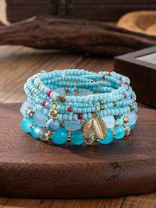 4pcs/Set Multi-Layer Beaded Bracelet Set, Vintage Bohemian Style Leaf Pendant Layered Bracelet Accessories For Women Daily Wear