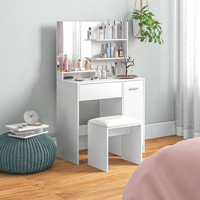  HOMCOM Vanity Desk With Stool, Makeup Vanity With Mirror, Drawer, Cabinet And Adjustable Shelf, Dressing Table For Bedroom, White