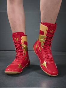 1 Pair Men's High-Top Wrestling Shoes, Men's Professional Sports Shoes For Boxing, Fencing, Wrestling, MMA, Martial Arts Training, Women's Professional Indoor Equipment, Boxing Shoes For Competition And Training, Wrestling, Fighting, Weightlifting, Squats, Gym Shoes, Size 39-47 - Red - View 3