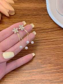 1 Pair Sparkle Of Two Faux Pearl Zirconia Flower Earrings, Tassel Pearl Earrings, Long And Elegant Earrings - 金色 - 查看 3