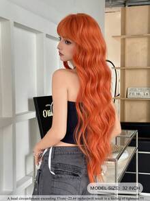 NAMM 32英寸橙色超长波浪假发，女士款，蓬松波浪卷发带刘海，全机织合成纤维假发，适合音乐节派对、万圣节角色扮演等场合，百搭时尚配饰 - 橘色 - 查看 4