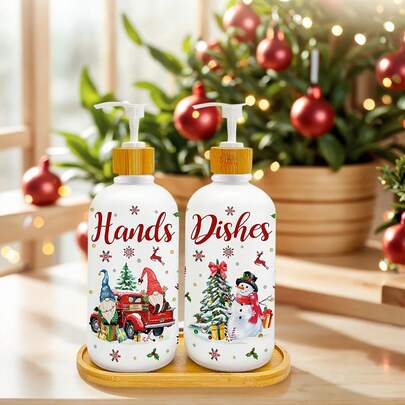 Set di dispenser di sapone natalizio a forma di camion e pupazzo di neve, con pompa e vassoio, organizzatore di sapone ricaricabile per decorazione natalizia di casa, cucina e bagno