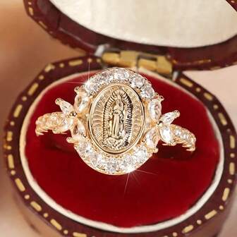 1 pieza Anillo de la Virgen María con diseño hueco y flor, accesorio de joyería de fe afortunada como regalo para tu ser querido
