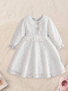 Kids Girls Lace Dress, Long Sleeve Dress Crew Neck Flower Fall Princess Dress For Daily Party - 白色 - 查看 2