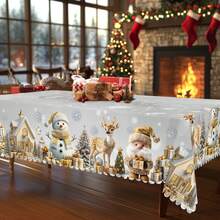 1pc Vintage Christmas Tablecloth With Santa Claus Reindeer Snowman Christmas Tree Patterns, Christmas Decor 2025, Christmas Party Decoration For Home Indoor Outdoor, Chic Silvery Round Rectangular Table Cloth, Holiday Kitchen Festive Decor, Christmas Gifts