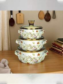 3pcs Enamel Coated Cookware Set: Milk Pot With Handles, Enamel Bowl, Mini Pot, Soup Pot, Ramen Bowl, Small Hot Pot, Thick Enamel Pot With Handles, Suitable For Induction Cooktop, Gas Stove, Cooking Small Portions Or Food Storage, Family Dinner Supplies, Christmas Party Supplies