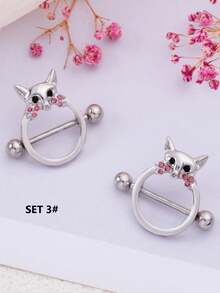 2pcs Skin-Friendly Hypoallergenic Titanium Steel Fox Head, Sunflower, Butterfly, Zirconia Flower Nipple Rings, 14G Circular Nipple Rings, Unisex Sexy Fashion Piercing Jewelry
