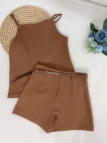 Sophisticated And Elegant Set | Suit-Style Blouse With High Slit At The Hem | Simple Cut Short-Skirt With Belt | Office And Party - Đồng - Xem 9