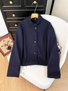 GMFP Women's Casual Elegant Fashion Solid Color Stand Collar Button Short Loose Overcoat, Navy Blue Wool, Suitable For New Year/Valentine's Day - Navy Blue - View 2