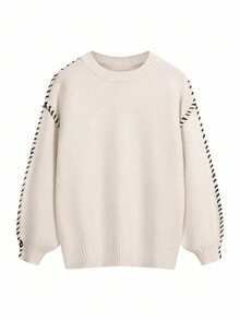 大码女式优雅罗纹针织毛衣 - 柔软弹力套头衫，适合秋冬季，休闲和正装，女士时尚，精致风格，舒适面料 - 卡其色 - 查看 3