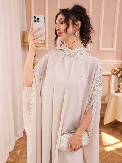 Women's Stand Collar Solid Color 2 In 1 Splicing Open Front Chiffon Dress With Embroidery, Sequins & Beading Decorations, Elegant Maxi Length, Suitable For Banquet, Daily Wear And More Occasions