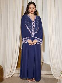 Elegant V-Neck Rhinestone Embellished Loose Long Robe Dress, Long Sleeve - Navy Blue - View 8