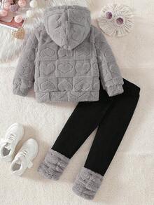 Young Girl Plush Hooded Sweatshirt And Casual Solid Color Leggings Set, Daily Wear For Winter - Light Grey - View 2