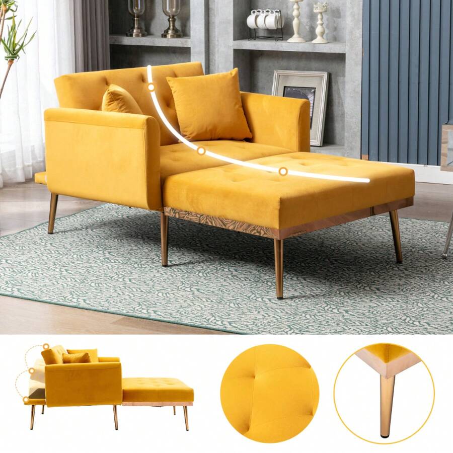 Modern Style Armchair, Recliner Chair With Adjustable Backrest, Folding Sofa Chair, Suitable For Living Room, Bedroom, Study Room (Beige) - Mustard Yellow + Velvet + Foam - View 1