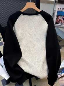 Tween Boy Sharks And Simple Leisure Slogans Pattern Black And Gray Contrast Shoulder Long Sleeve Cartoon Print T-Shirt Autumn And Winter New Boy - Grey - View 3