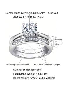 AIHUASI 2 件套优雅 925 纯银结婚戒指新娘套装女士中心石 6.5*6.5 毫米 1.0 克拉明亮圆形切割耀眼 AAAAA 方晶锆石单石承诺订婚戒指精美珠宝情人节礼物