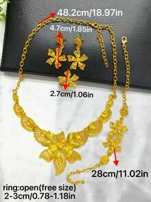 1 Necklace, 1 Bracelet, 1 Ring, 1 Pair Earrings - 4pcs Fashionable Women's Gold-Plated Hollow Flower Jewelry Set, Suitable For , European, African, Middle Eastern, Dubai Bride, Wedding, Party, Halloween, Birthday, Holiday, Daily Wear
