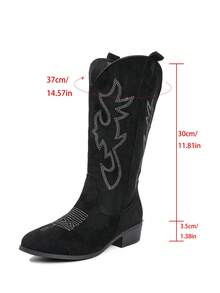 仿麂皮尖头厚底刺绣西部靴，马靴，时尚靴，中筒靴，靴子，适合度假、西部主题活动、音乐节 - 黑色 - 查看 9