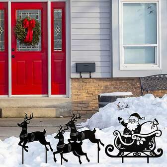 Estacas de jardín creativas de renos negros para Navidad, estacas de jardín de metal, adecuadas para la decoración navideña del jardín, juego de trineo de Papá Noel para exteriores - Decoración de jardín para fiestas - Decoraciones del espíritu navideño de invierno - Estacas de arte de jardín Feliz Navidad