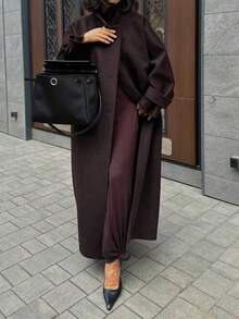 1pc Women's Solid Color Long Loose Warm Overcoat, Suitable For Daily, Office, And Dates In Autumn/Winter - Rust Brown - View 2