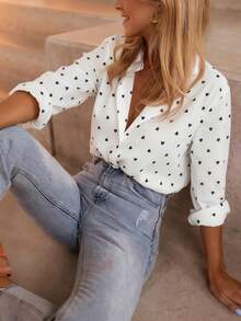 SUNSTORY Women's White Heart Print Collared Long Sleeve Shirt, Fresh Casual Style, Suitable For Holiday Outings, Gatherings, Beach, Daily Commute - White - View 1