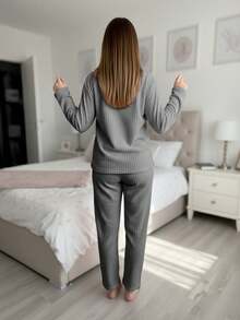 Pijama Para Mujer De Manga Larga Y Pantalón  Suave, Cálida - Gris - Ver 3