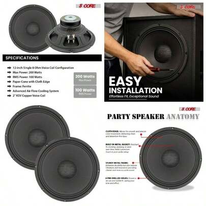 5 Core 12 Inch Speaker 200W PA DJ Loudspeaker Pair 8 Ohm Driver 30 Oz Y30 Magnet Pro Audio Sound System - SP 12120 8OHMS 2PCS