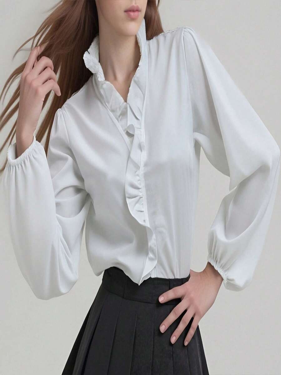 Womens Fall Shirts Lantern Long Sleeve Ruffle V Neck Solid Color Casual Office Blouses - Gading - View 1