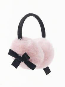 1个可爱蝴蝶结毛绒耳罩，Y2K风格，暖白色耳罩 - 粉色 - 查看 4