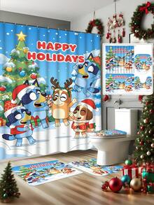 [Christmas Bluey Bathroom Curtain Shower Set] 1/3/4 Pcs Christmas Solid Color Santa Hat Bluey Family And Friends Holiday Pattern Printed Shower Curtain Set, Modern Design, Suitable For All Seasons, Waterproof Polyester Hooks And Lining, Flannel Material, Soft Surface, Bathroom Anti-Slip Mat, Bathroom Set Includes U-Shaped Mat, Toilet Mat, Anti-Slip Bathroom Mat And Bathroom Accessories, Home Decor, Holiday Decor, Christmas Gift, Daily Decor, Gift]