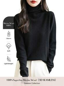 Women's 100% Merino Wool Seamless Turtleneck Long Sleeve Knit Sweater - Black - View 1