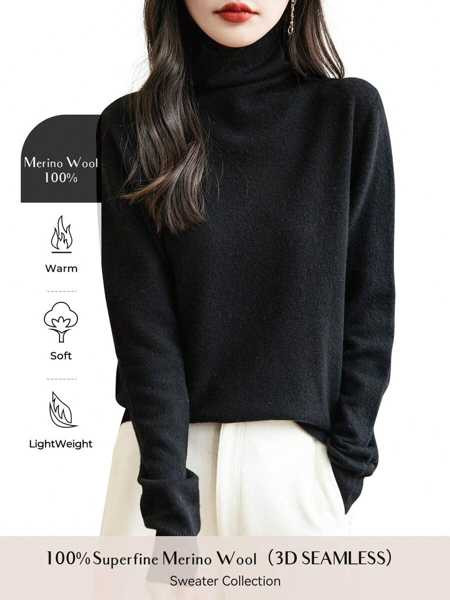 Women's 100% Merino Wool Seamless Turtleneck Long Sleeve Knit Sweater - Black - View 1