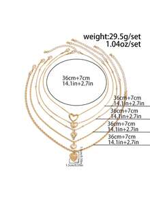 Set de 5 collares con colgante en forma de corazón apilables, cadena de clavícula multicapa de estilo elegante en color dorado, para usar con atuendos casuales o formales