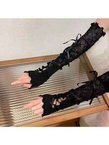 1 双 Y2k 芭蕾风格性感蕾丝 DIY 绑带防晒袖套 Lolita Jk 臂套优雅万圣节露指手套黑色哥特式 DIY 绑带防晒袖服装配饰弹力网眼朋克手套