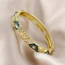 Brazalete con bisagra de tono dorado decorado con esmalte de hoja de loto y vaina de loto de colores vintage, regalo creativo para el Día de la Madre o cumpleaños - Joyería de mujer de moda en rosa, verde, azul (debido al esmalte, el color puede variar bajo diferentes iluminaciones)