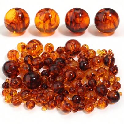 30-200pcs/Pack Amber Acrylic Round Beads, Multi-Size Spacer Beads, Fashion Casual Autumn/Winter Brown Jewelry Making DIY Beading Loose Beads For Craft, Decoration, Bracelet, Necklace, Pendant