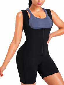 1pc Plus Size Women's Sauna Suit Sweat Vest Waist Trainer 3-In-1 Slimming Full Body Shaper Top With Shorts