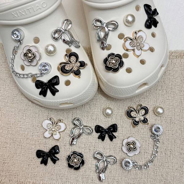11 Stücke ABS Harz Schwarz und Weiß Kette Schuhe, charmanter funkelnder Strass Schmetterling Schuh Dekoration zum Selbermachen, abnehmbare künstliche Perlen Schuh Accessoires, multifunktionale Schleifen Schuh Clips geeignet für Damensandalen, Pantoffeln, Halloween Geburtstags Party Geschenke