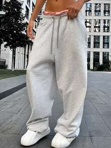 Womenacute;S Spring Summer Baggy Pants Drawstring Waist Loose Wide Leg Trousers With 2 Pockets - Grey - View 2