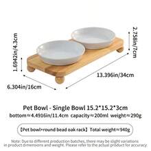 Minimalist Design Slanted Round Plate With Wooden Bowl Stand, Anti-Spill, Ceramic Pet Bowl, Cat Bowl, Dog Bowl, Rimmed Feeding Tray, Ceramic Pet Cat Bowl, Dog Basin, Water Bowl, Elevated Anti-Spill Bowl