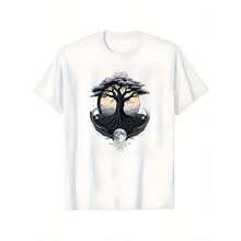 1pcs,100 Percent Cotton,Women's 180g Pure Cotton T-Shirt - Mystical Tree Of Life Hot Stamping Print With Moon & Mountain Backdrop, Geometric Nature Design For Spiritual Seekers & Casual Wear, Breathable Short Sleeve Tee,Graphic T Shirts - trắng - Xem 3