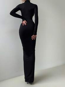 Solid Color Elegant Ruched Mock Neck Long Sleeve Bodycon Dress Black Spring - Black - View 3