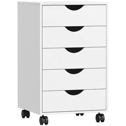 HOMCOM Caisson bureau mobile, meuble rangement sur roulettes bois avec 5 tiroirs, pour travail, bureau à domicile, 40 x 40 x 67 cm, blanc