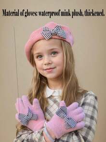 2pcs/Set Houndstooth Bow Knit Beret Hat & Faux Fur Lined Gloves Set, Fashionable, Vintage, Comfortable, Thin, Suitable For Early Winter, Girls & Toddlers, Black