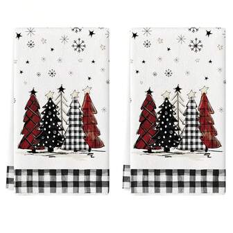2 件圣诞系列，布法罗格子装饰圣诞树印花超细纤维吸水洗碗巾，清洁布，厨房毛巾，超柔软且吸水率高，厨房装饰，厨房必需品，家庭必需品洗碗巾