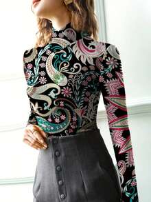 优雅复古高领修身T恤，长袖印花套头衫，适合所有季节，休闲春季穿着 - 彩色 - 查看 4