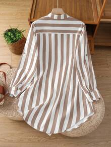 女式条纹纽扣衬衫休闲长款圆领卷袖节日春夏秋季女士秋季服装 - 咖色 - 查看 3